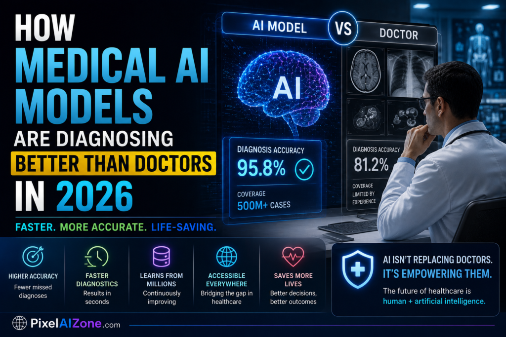 Medical AI models diagnosing better than doctors in 2026 showing AI clinical reasoning healthcare technology and medical diagnosis with futuristic interface