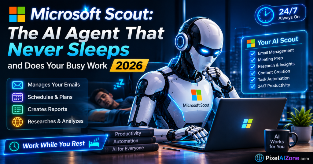 Microsoft Scout AI agent that never sleeps and does your busy work in 2026 showing autonomous digital coworker and futuristic technology interface