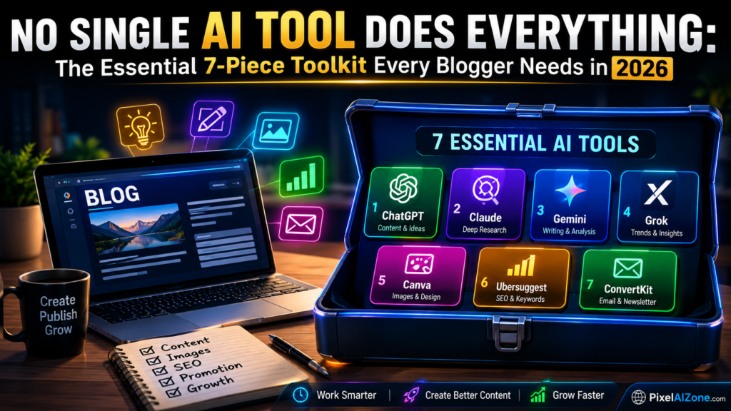 No single AI tool does everything the essential 7 piece toolkit every blogger needs in 2026 showing ChatGPT Claude Perplexity Canva Grammarly Surfer SEO and Notion AI