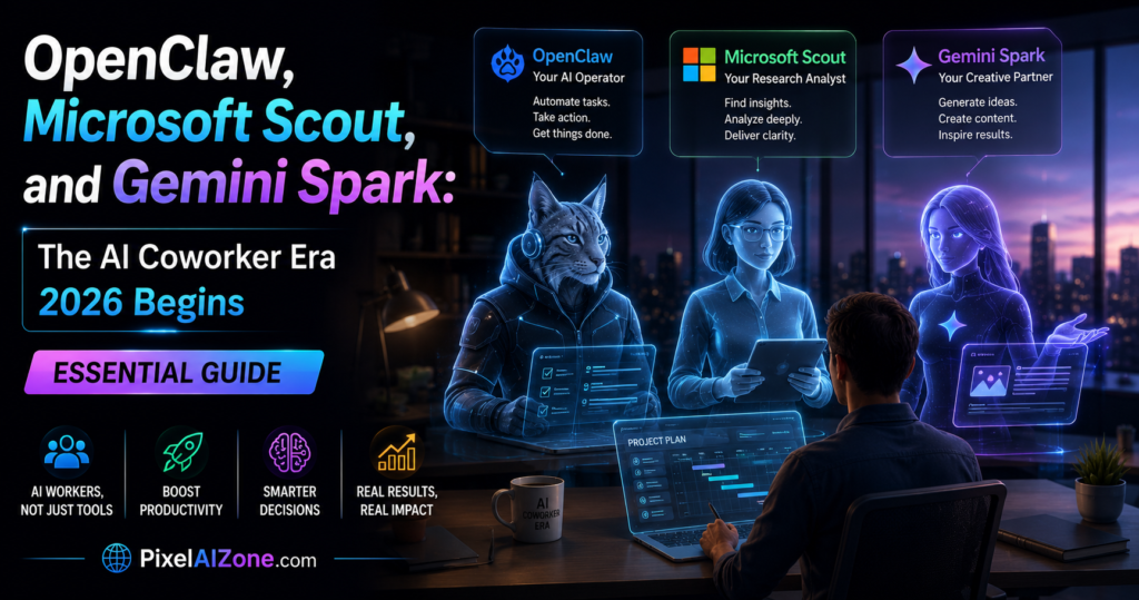 OpenClaw Microsoft Scout and Gemini Spark the AI coworker era begins in 2026 showing autonomous AI agents digital workers and future workforce with futuristic technology interface