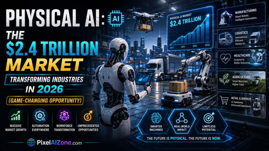 Physical AI market 2026 showing robotics autonomous vehicles industrial automation and 2.4 trillion dollar market size with futuristic technology interface