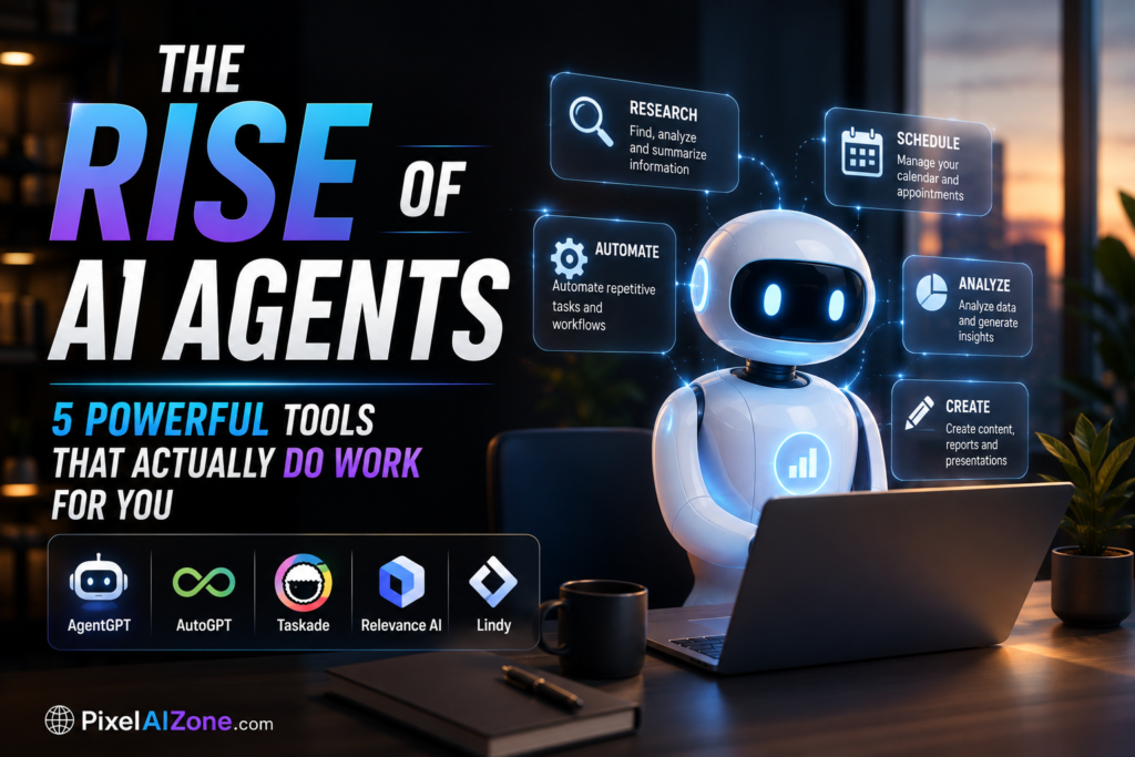 The rise of AI agents in 2026 showing 5 powerful tools that actually do work for you including ChatGPT Agent Claude Code Perplexity Genspark and Manus with futuristic technology interface