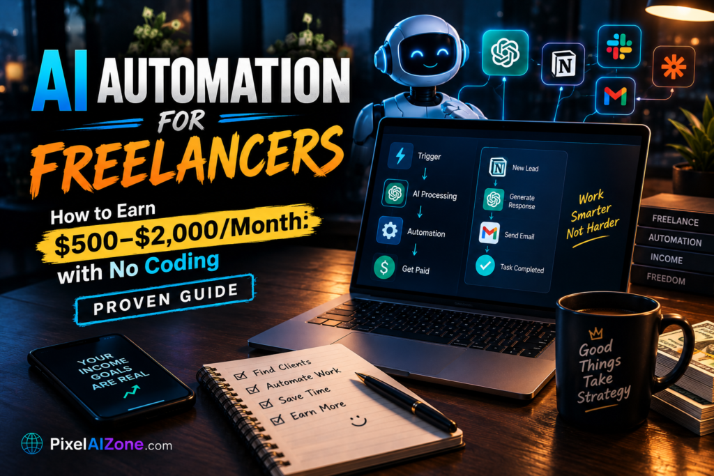 AI automation for freelancers earn 500 to 2000 dollars per month with no coding showing workflow automation laptop and income growth chart