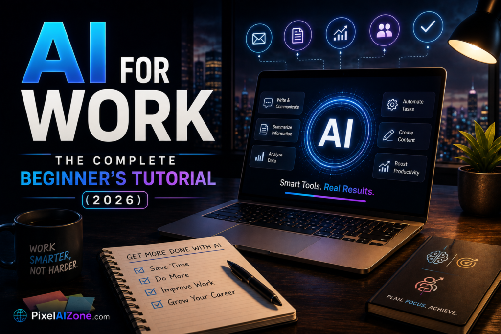 AI for work complete beginner tutorial in 2026 showing automation digital coworker and workplace productivity with laptop and AI interface