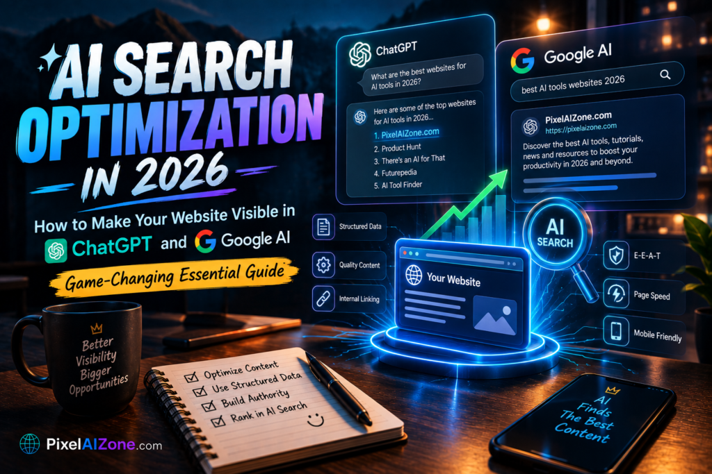 AI search optimization in 2026 how to make your website visible in ChatGPT and Google AI showing search interface citation graph and futuristic technology
