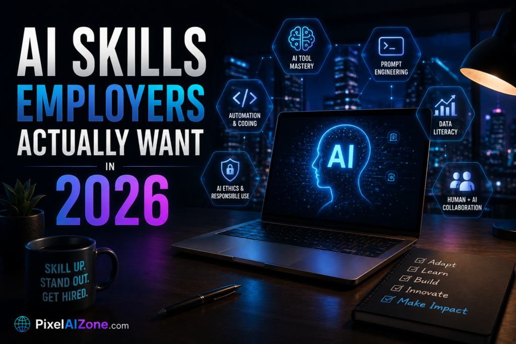 AI skills employers want in 2026 showing career growth job market trends and salary premiums with laptop and AI icons