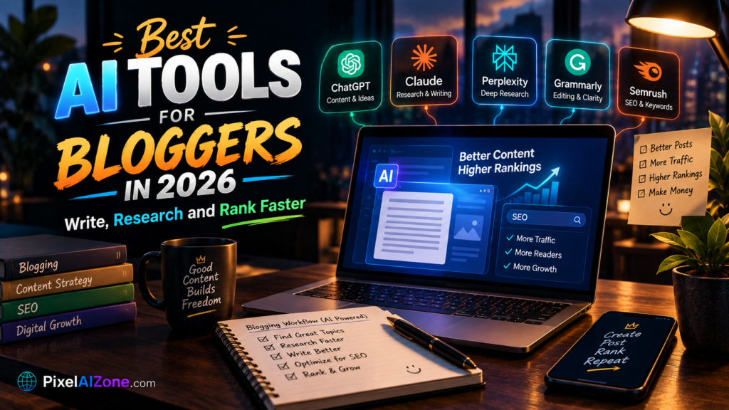Best AI tools for bloggers in 2026 showing write research and rank faster with ChatGPT Claude Perplexity Canva Grammarly Surfer SEO and Notion