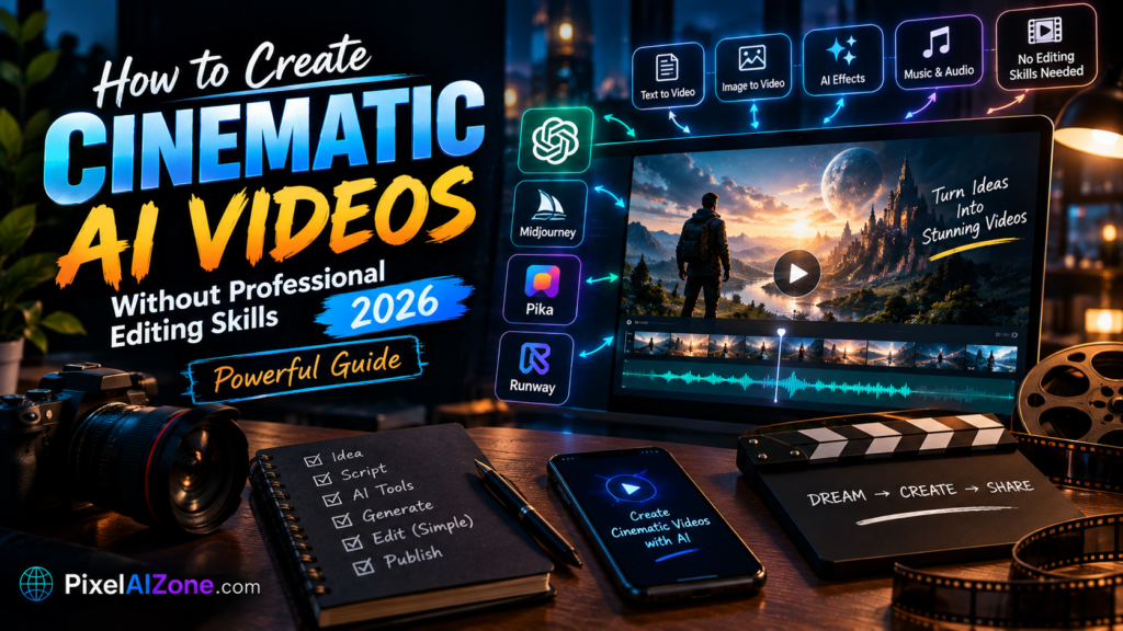 Cinematic AI videos in 2026 showing how to create film-quality videos without professional editing skills using Runway and AI tools
