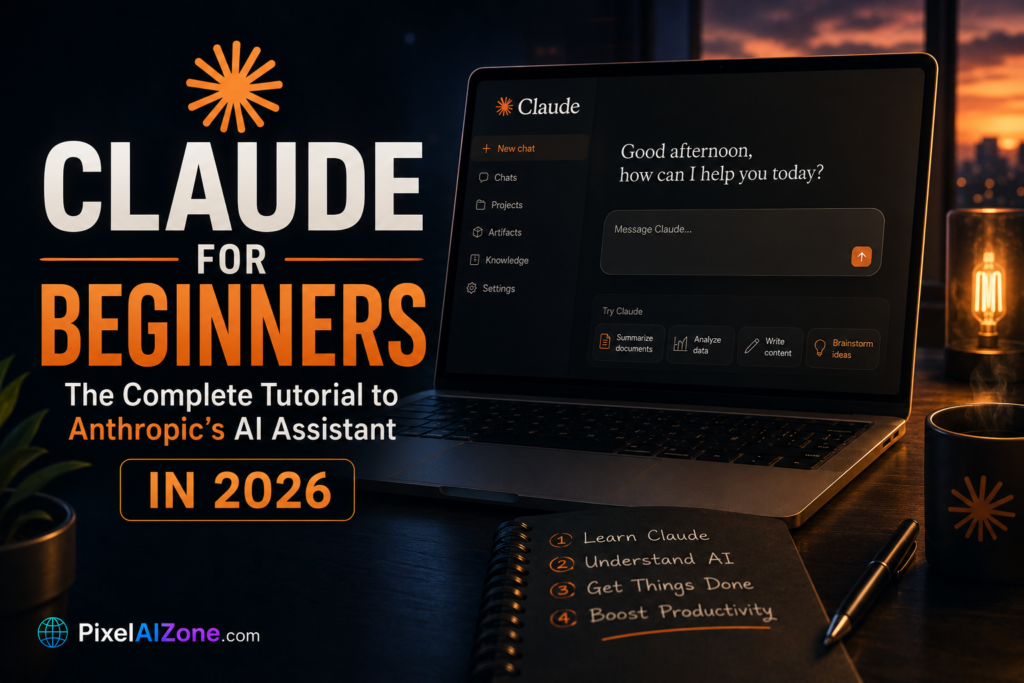 Claude for beginners complete tutorial to Anthropic AI assistant in 2026 showing interface features and setup guide with laptop display