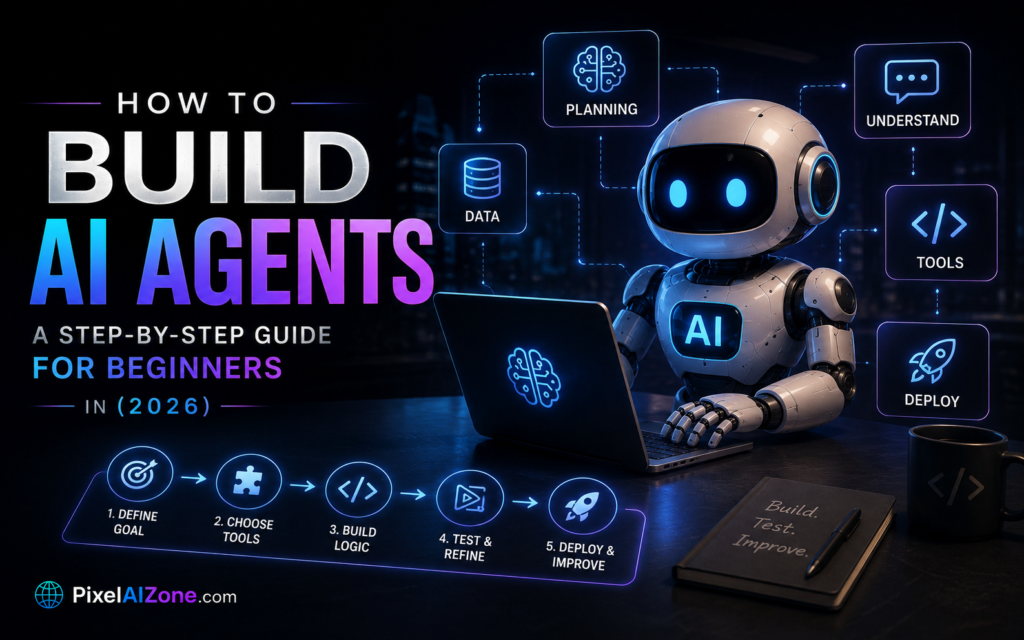 How to build AI agents step by step guide for beginners in 2026 showing development workflow automation and coding interface