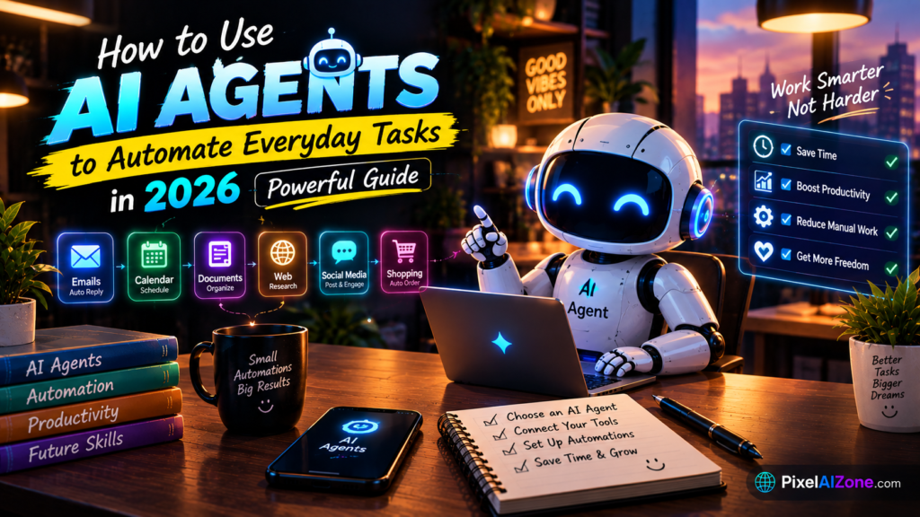 How to use AI agents to automate everyday tasks in 2026 showing workflow automation digital assistant and productivity dashboard with laptop