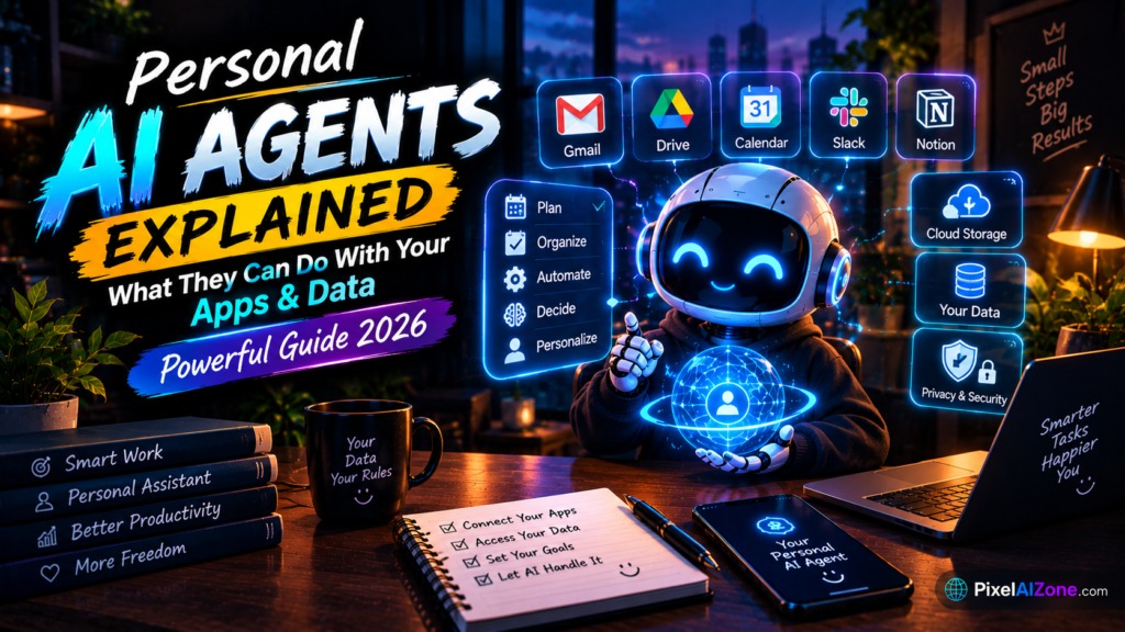 Personal AI agents explained what they can do with your apps and data showing AI assistant smartphone interface and app icons