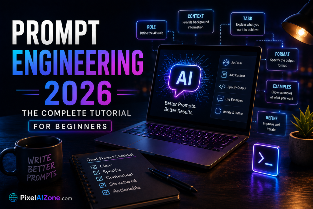 Prompt engineering for beginners complete tutorial in 2026 showing AI chat interface prompt techniques and communication with AI models